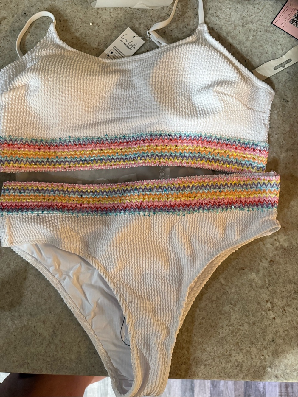 Cupshe White Textured Bikini Set with Rainbow Chevron Trim